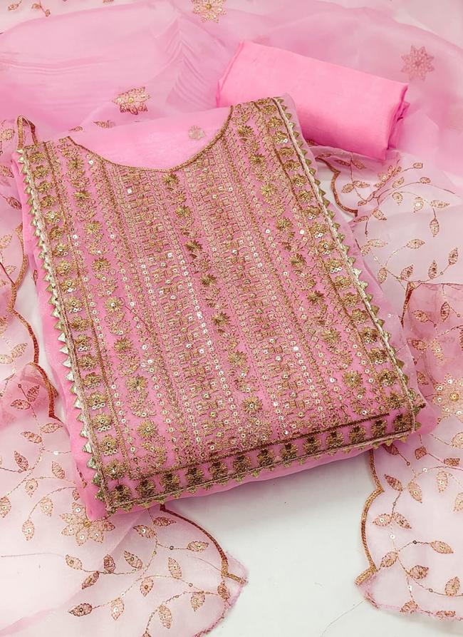 Organza Pink Festival Wear Sequins Work Dress Material